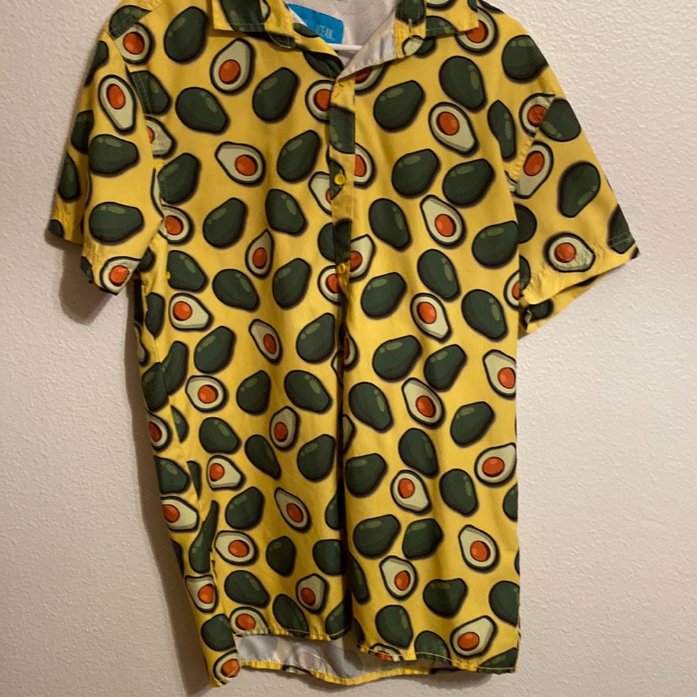Men’s casual button down shirt yellow with Avocados all over it. Fun and playful